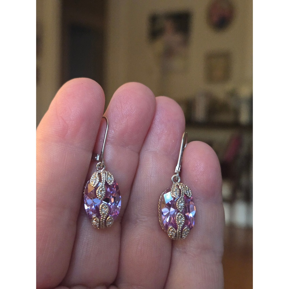 Estate Sterling Silver Filagree Pink CZ Drop Earrings Vintage Stunning